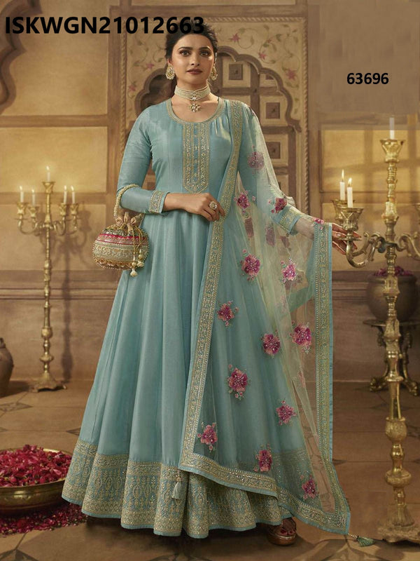 Embroidered Dola Silk Gown With Printed Organza Dupatta-ISKWGN21012663