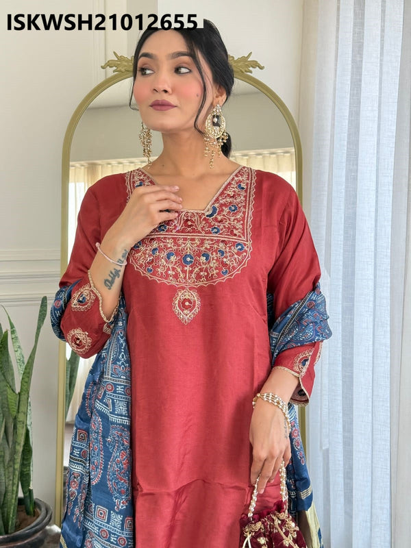 Embroidered Dola Silk Kurti With Sharara And Printed Gaji Silk Dupatta-ISKWSH21012655