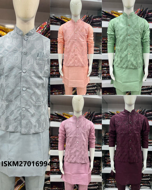 Men's Silk Kurta With Pant And Embroidered Jacket-ISKM27016994