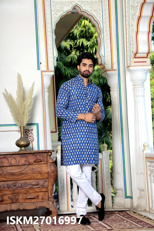 Men's Bagru Hand Block Printed Cotton Kurta With Pajama-ISKM27016997