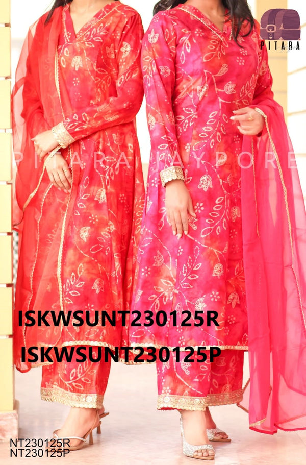 Printed Modal Maslin Anarkali Kurti With Pant And Organza Dupatta-ISKWSUNT230125R/NT230125P