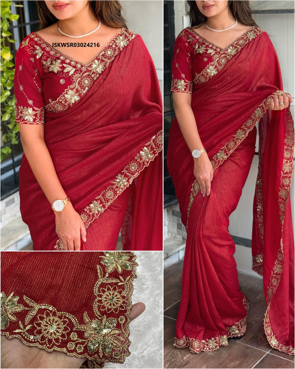 Embroidered Mysore Cotton Saree With Blouse-ISKWSR03024216