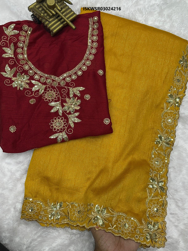 Embroidered Mysore Cotton Saree With Blouse-ISKWSR03024216