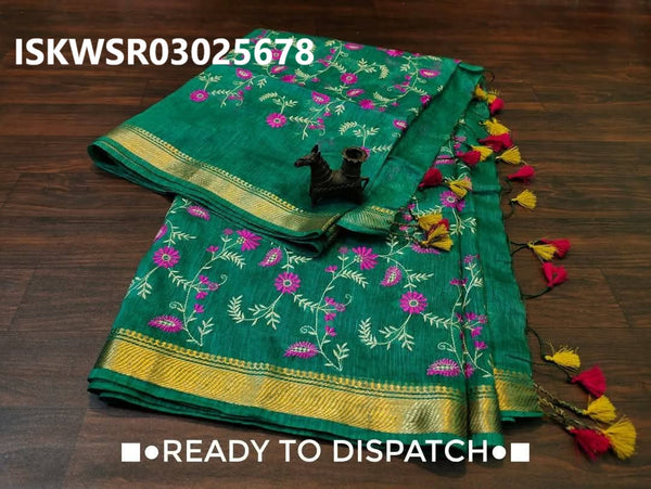 Embroidered Linen Saree With Blouse-ISKWSR03025678