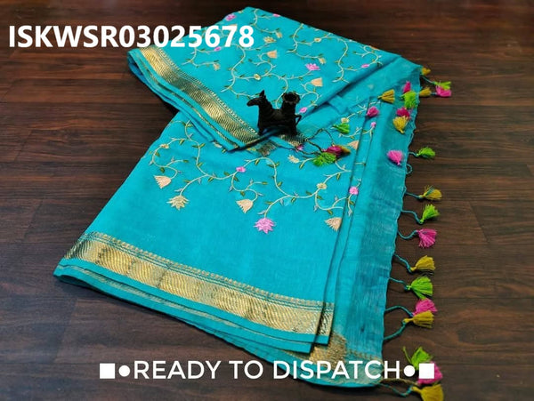 Embroidered Linen Saree With Blouse-ISKWSR03025678