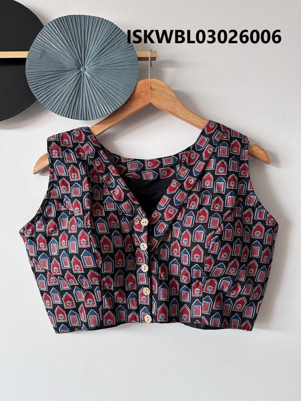 Hand Crafted Hand Block Printed Cotton Blouse-ISKWBL03026006