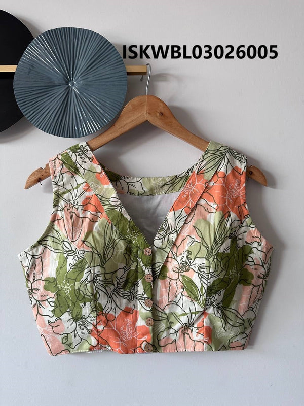 Hand Crafted Hand Block Printed Cotton Blouse-ISKWBL03026005