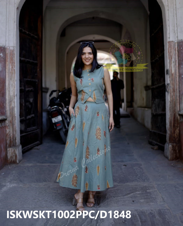 Floral Printed Khadi Cotton Top With Skirt-ISKWSKT1002PPC/D1848