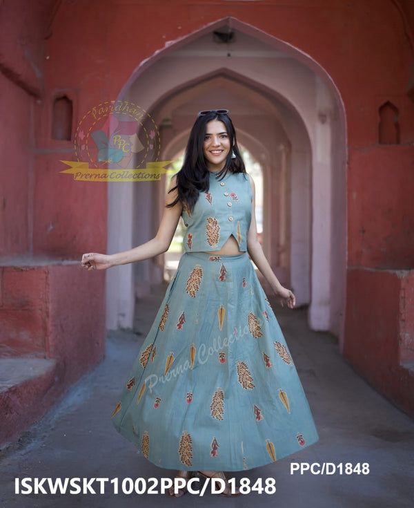 Floral Printed Khadi Cotton Top With Skirt-ISKWSKT1002PPC/D1848