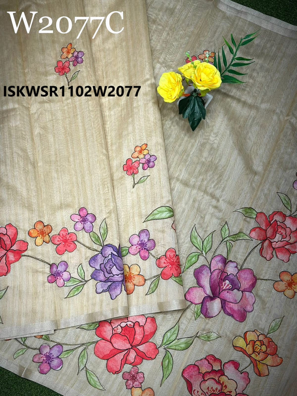 Tussar Silk Saree With Contrast Printed Blouse-ISKWSR1102W2077