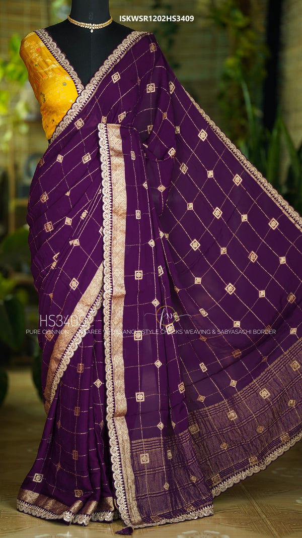 Embroidered Chinon Silk Saree With Contrast Blouse-ISKWSR1202HS3409