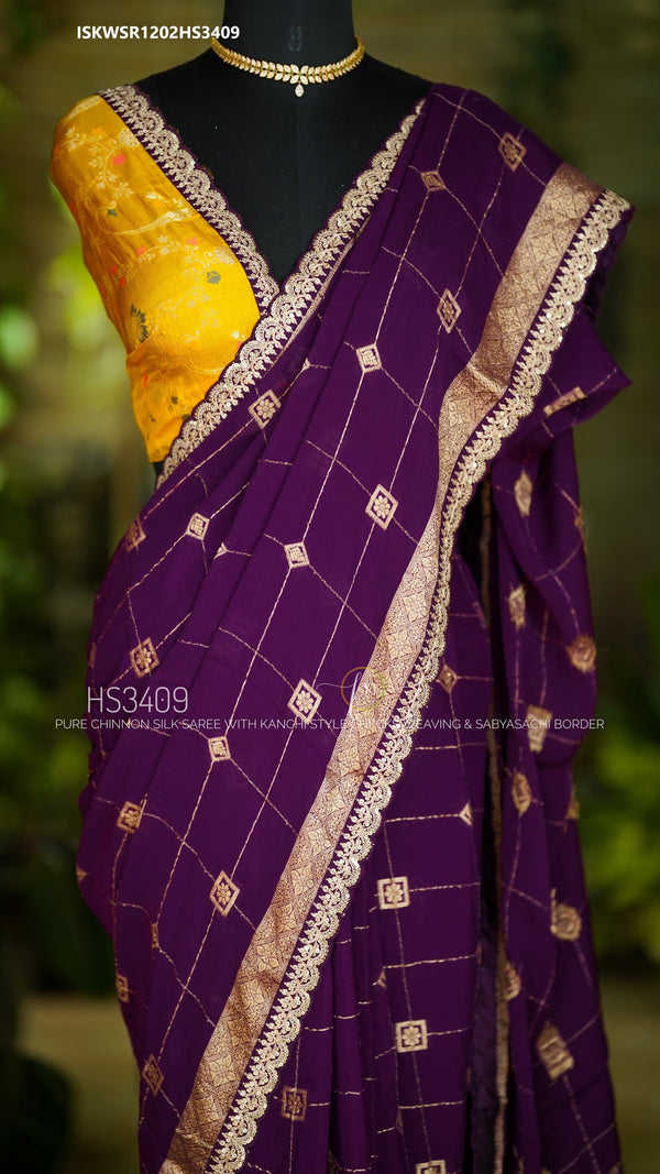 Embroidered Chinon Silk Saree With Contrast Blouse-ISKWSR1202HS3409