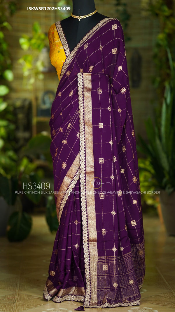 Embroidered Chinon Silk Saree With Contrast Blouse-ISKWSR1202HS3409