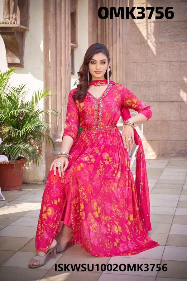 Digital Floral Printed Chinon Front Slit Kurti With Shantoon Pant And Chiffon Dupatta-ISKWSU1002OMK3756