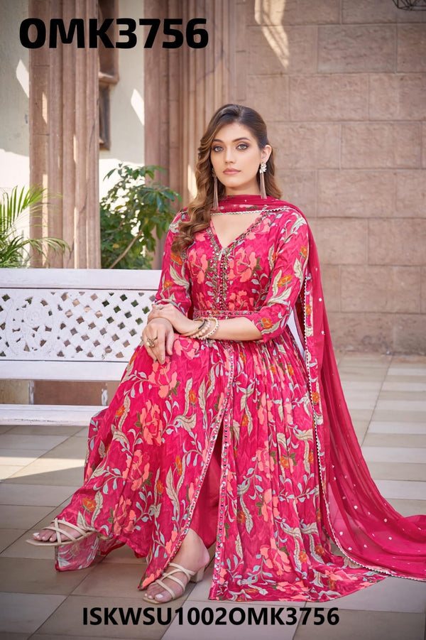 Digital Floral Printed Chinon Front Slit Kurti With Shantoon Pant And Chiffon Dupatta-ISKWSU1002OMK3756