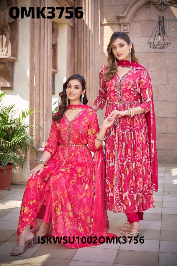 Digital Floral Printed Chinon Front Slit Kurti With Shantoon Pant And Chiffon Dupatta-ISKWSU1002OMK3756