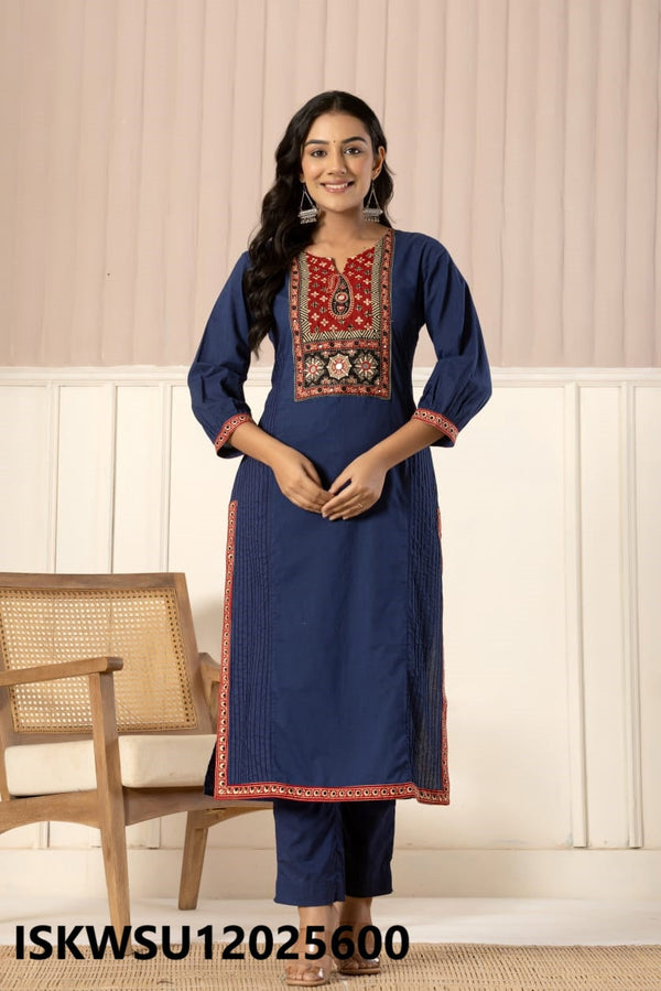 Embroidered Cotton Kurti With Pant And Printed Dupatta-ISKWSU12025600