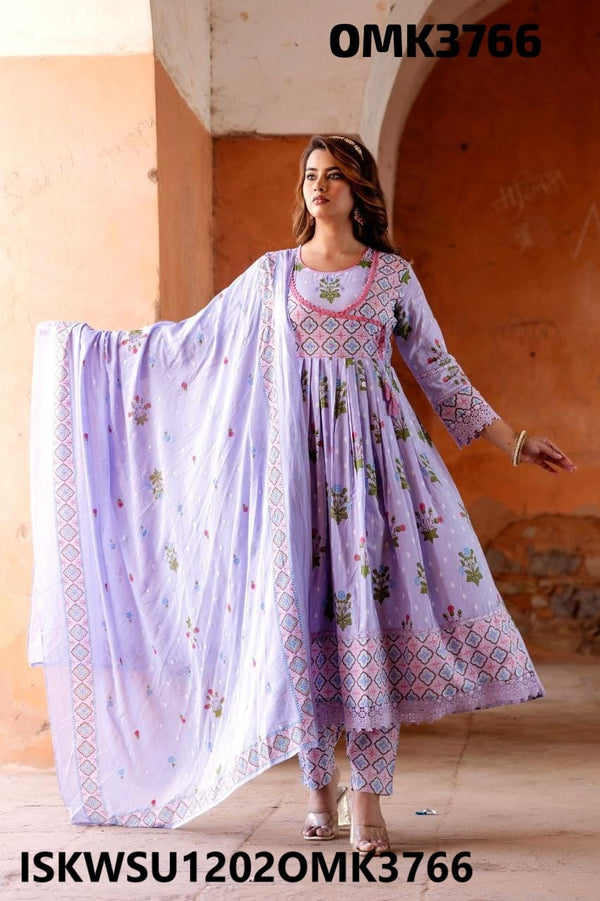 Digital Floral Printed Cotton Anarkali Kurti With Pant And Dupatta-ISKWSU1202OMK3766