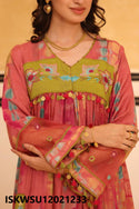 Printed Maslin Flared Kurti With Pant And Organza Dupatta-ISKWSU12021233