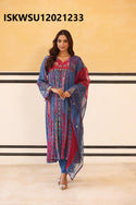 Printed Maslin Flared Kurti With Pant And Organza Dupatta-ISKWSU12021233