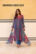 Printed Maslin Flared Kurti With Pant And Organza Dupatta-ISKWSU12021233