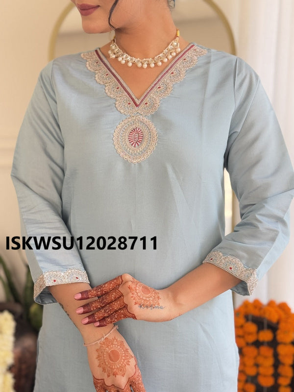 Embroidered Silk Kurti With Pant And Printed Dupatta-ISKWSU12028711