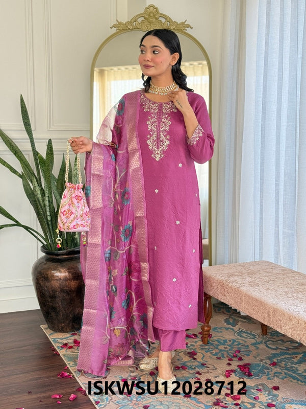 Embroidered Chanderi Kurti With Pant And Printed Dupatta-ISKWSU12028712