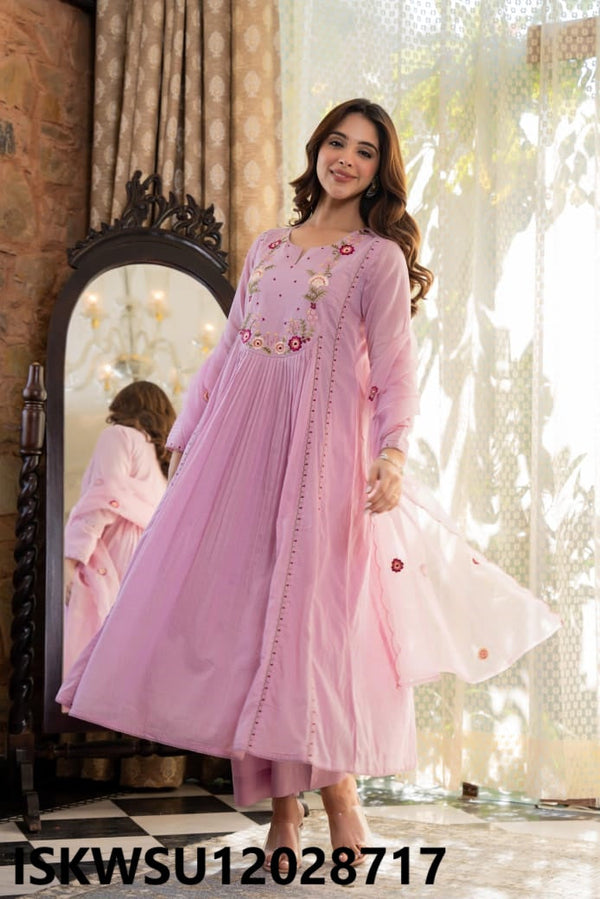 Embroidered Malmal Cotton Anarkali Kurti With Pant And Organza Dupatta-ISKWSU12028717