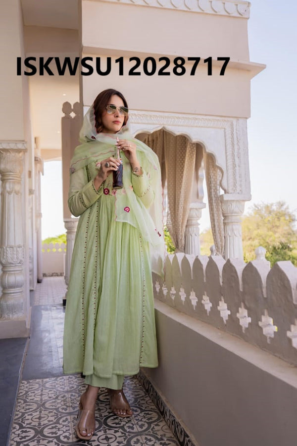 Embroidered Malmal Cotton Anarkali Kurti With Pant And Organza Dupatta-ISKWSU12028717