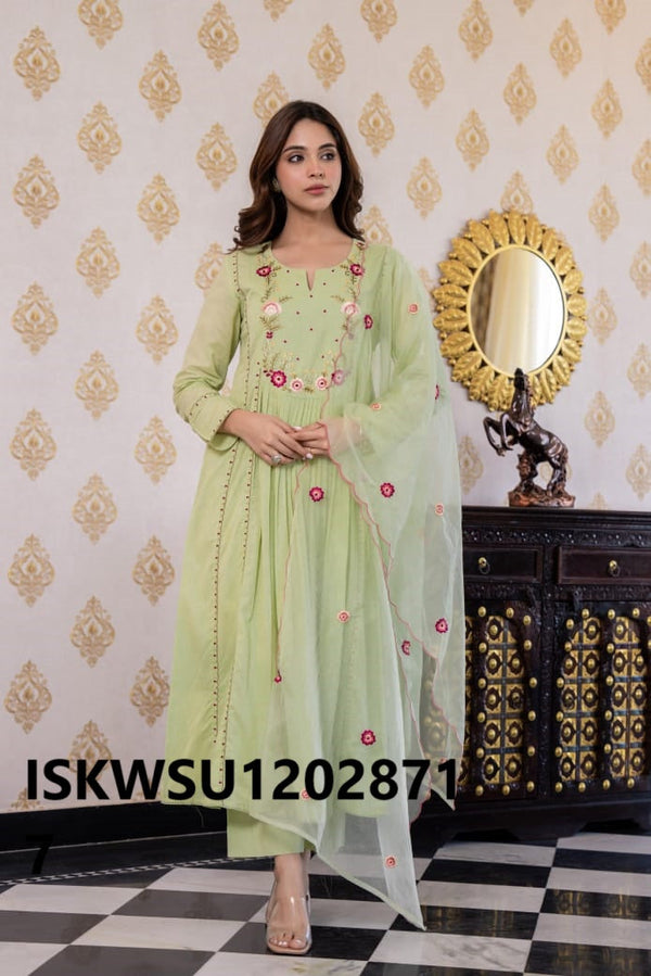 Embroidered Malmal Cotton Anarkali Kurti With Pant And Organza Dupatta-ISKWSU12028717