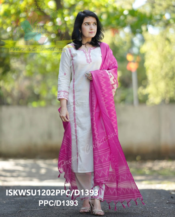 Handloom Cotton Silk Kurti With Pant And Ikkat Printed Khadi Silk Dupatta-ISKWSU1202PPC/D1393