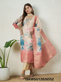 Embroidered Jacquard Silk Kurti With Pant And Printed Organza Dupatta-ISKWSU12026552