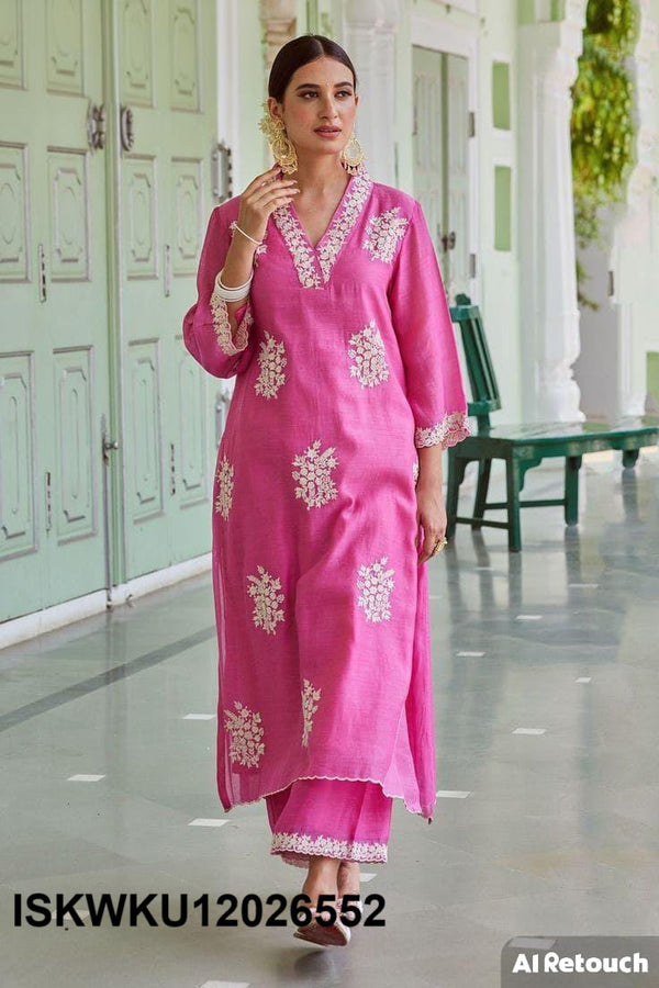 Embroidered Chanderi Kurti With Palazzo-ISKWKU12026552