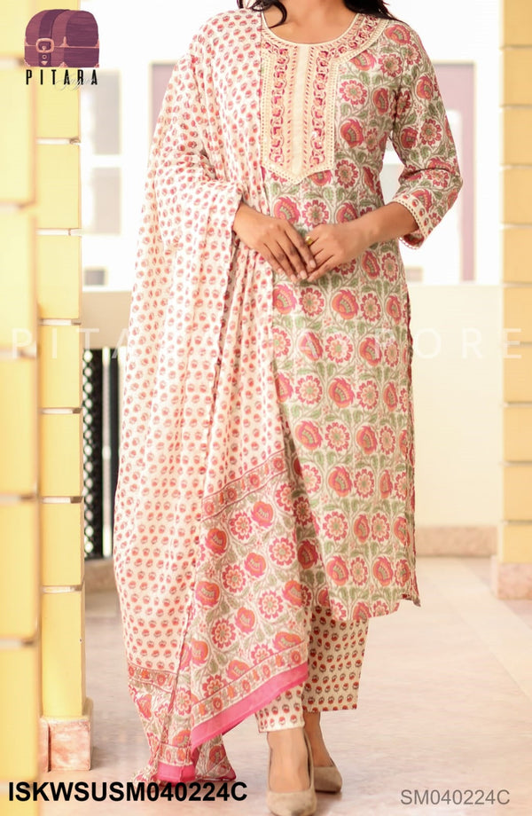 Block Printed Cotton Kurti With Pant And Dupatta-ISKWSUSM040224C