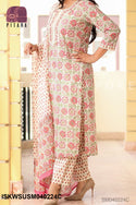 Block Printed Cotton Kurti With Pant And Dupatta-ISKWSUSM040224C