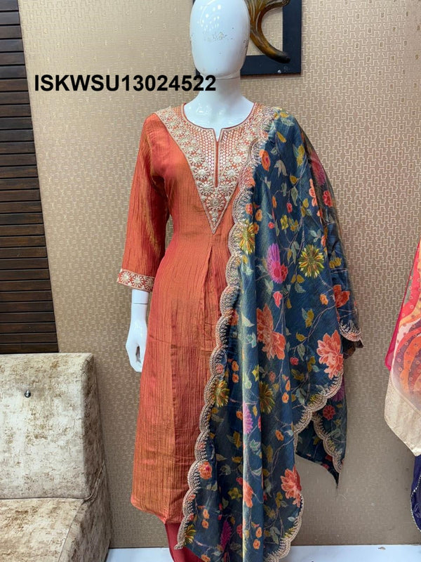 Embroidered Tissue Silk A-Line Kurti With Shantoon Pant And Digital Printed Shimmer Dupatta-ISKWSU13024522