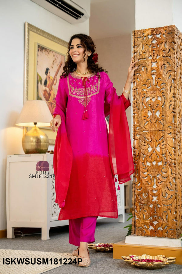 Embroidered Ombre Dola Silk Kurti With Silk Pant And Organza Dupatta-ISKWSUSM181224P