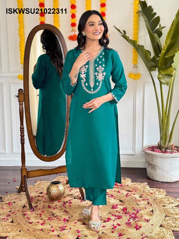 Embroidered Chanderi Kurti With Pant And Printed Silk Dupatta-ISKWSU21022311