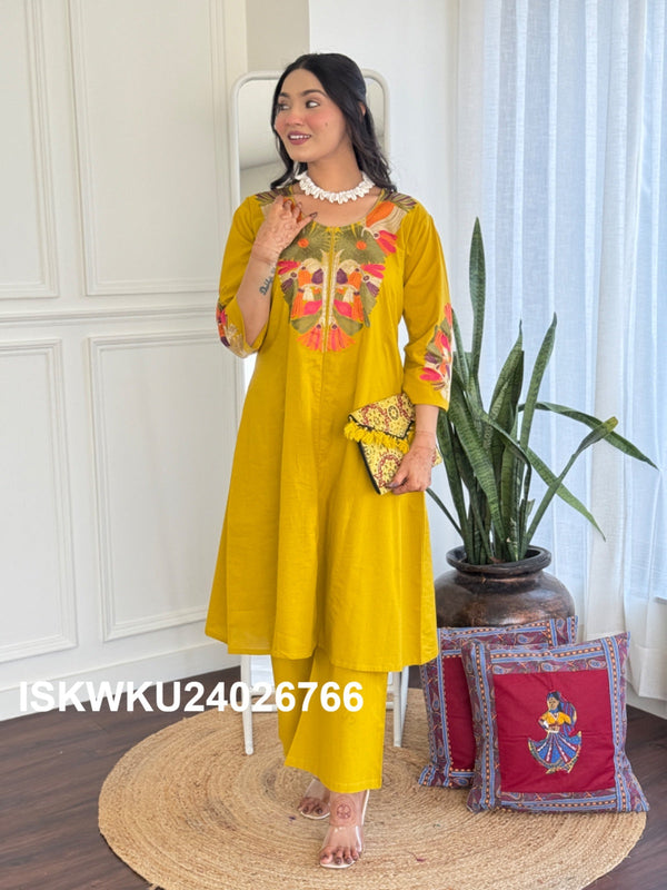 Embroidered Cotton Kurti With Palazzo-ISKWKU24026766