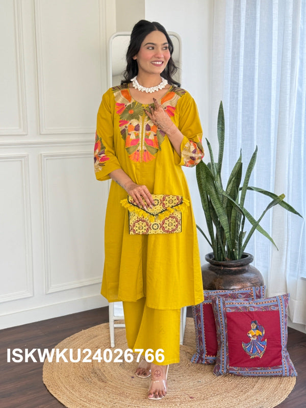 Embroidered Cotton Kurti With Palazzo-ISKWKU24026766