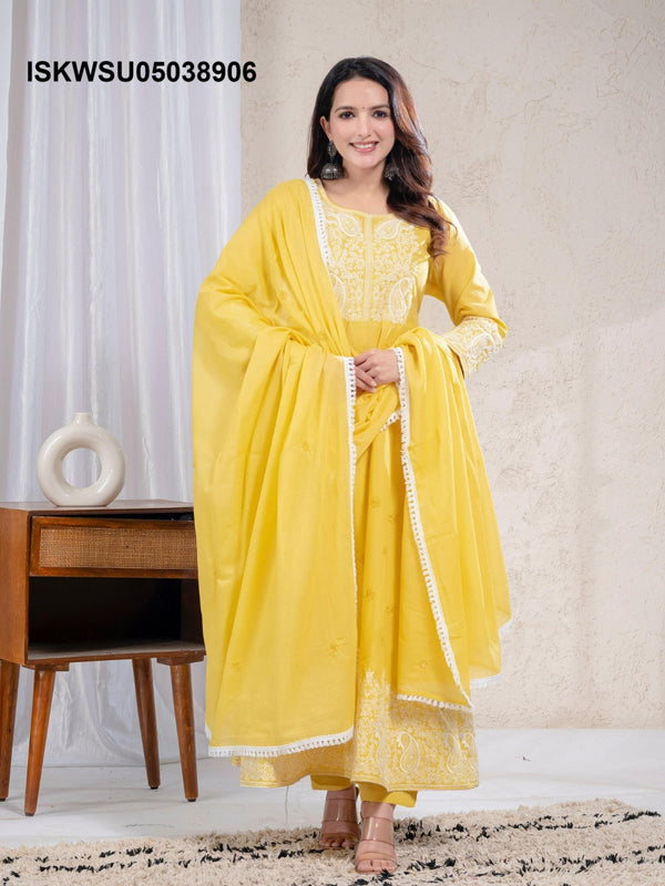 Embroidered Cotton Anarkali Kurti With Pant And Dupatta-ISKWSU05038906