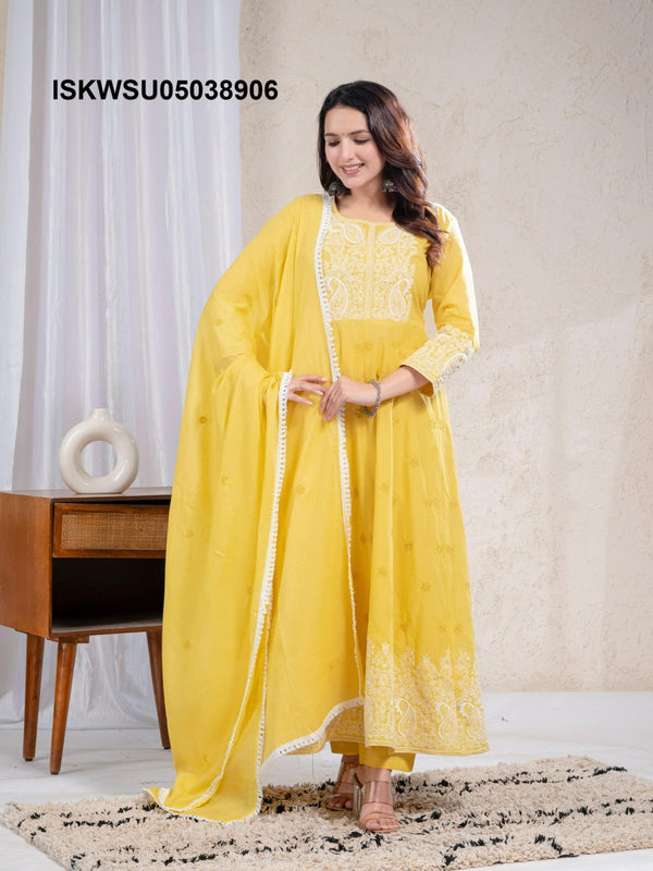 Embroidered Cotton Anarkali Kurti With Pant And Dupatta-ISKWSU05038906