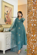 Embroidered Malmal Chanderi Kurti With Pant And Dupatta-ISKWSU05038901