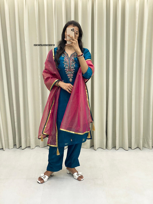 Embroidered Silk Kurti With Pant And Organza Dupatta-ISKWSU05038910