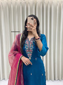 Embroidered Silk Kurti With Pant And Organza Dupatta-ISKWSU05038910