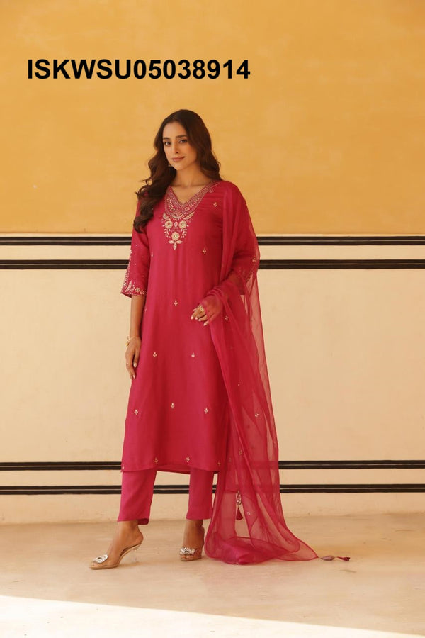 Embroidered Silk Kurti With Pant And Dupatta-ISKWSU05038914