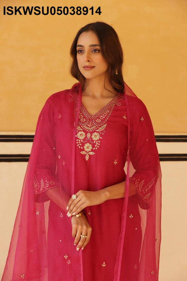 Embroidered Silk Kurti With Pant And Dupatta-ISKWSU05038914