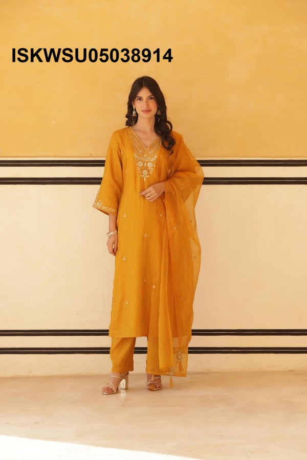 Embroidered Silk Kurti With Pant And Dupatta-ISKWSU05038914