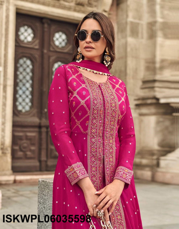 Embroidered Viscose Jacquard Silk Front Slit Kurti With Palazzo And Dupatta-ISKWPL06035598