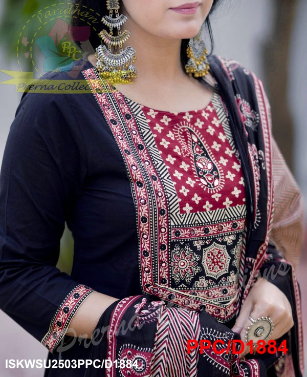 Cotton Kurti With Pant And Ajrakh Printed Malmal Dupatta-ISKWSU2503PPC/D1884